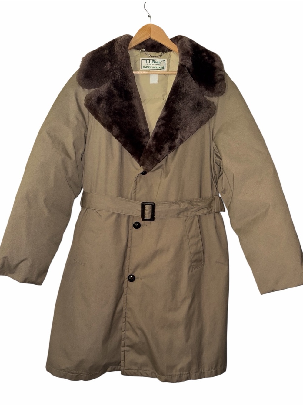 Vintage L.L. Bean Maine Downer Belted Coat Men’s XL Goose Down Lamb Fur 1970s